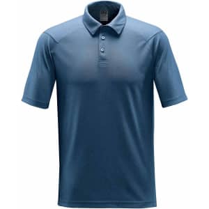 A heathered blue polo shirt with a three-button placket and a logo on the chest.