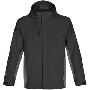 A black jacket with a hood, featuring a zip pocket and side panels, and a logo on one sleeve.