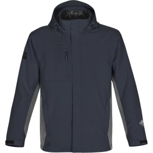 A dark grey men's jacket with a hood, featuring contrasting lighter grey panels and a logo on the sleeve.