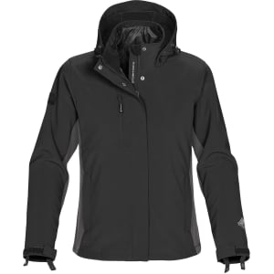 A black women's jacket with a hood, featuring a zippered pocket and adjustable cuffs. It has a logo on the sleeve.
