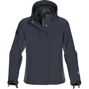 A women's 3-in-1 jacket in dark grey with a hood, features a logo on the sleeve and multiple zip pockets.