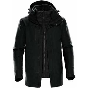 Men's Avalante System Jacket in dark green, featuring a hood and multiple pockets. Includes branding on the jacket.