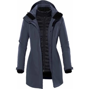 A women's jacket featuring a dark grey exterior, a black interior, and a hood, with a logo on the sleeve.