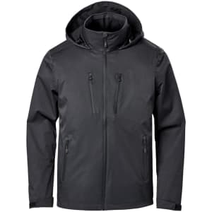 A lightweight black shell jacket with a hood and multiple zippered pockets, featuring a logo on the front.
