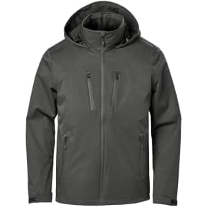 A lightweight rain jacket in dark green with a hood and multiple zippered pockets, featuring a logo.