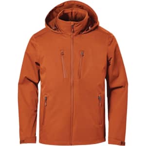 A lightweight orange rain jacket featuring a hood and multiple zippered pockets. It has branding on it.