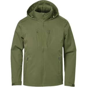 A lightweight green shell jacket with a hood and multiple zippered pockets, featuring a logo on the chest.