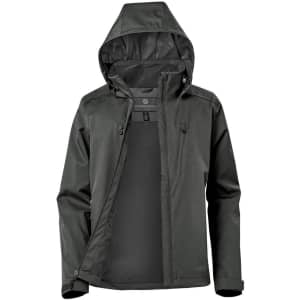 A women's lightweight rain jacket in dark green with a hood, featuring a logo and zippered front pockets.