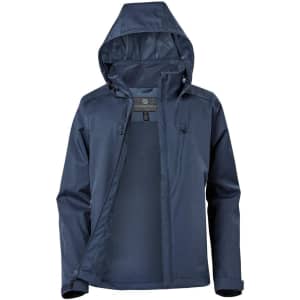 A lightweight women's rain jacket in navy blue with a hood, featuring a zippered front and logo.