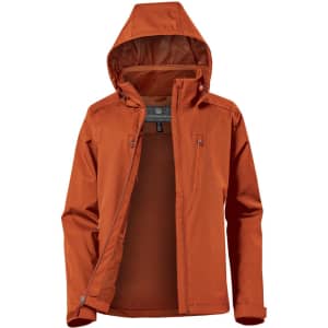 A lightweight women's rain jacket in orange with a hood and zippered pockets, featuring a logo on the chest.
