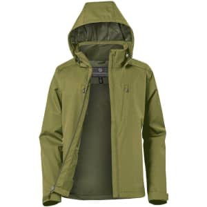A lightweight rain jacket in olive green with a hood, featuring a zippered front and a logo.