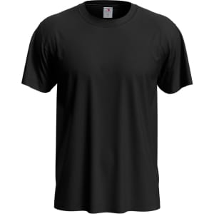 A black classic T-shirt featuring a round neckline and short sleeves. It has a logo on the label.