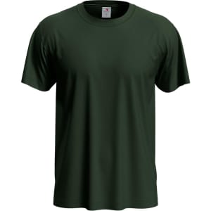 A dark green men's classic T-shirt with short sleeves and a round neckline, featuring a branded tag.