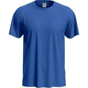 A blue men's classic T-shirt featuring a round neckline and short sleeves, with a tag inside and a logo.
