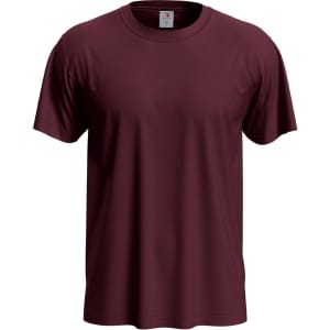 A maroon men's classic T-shirt with a round neck and short sleeves, featuring a small logo on the label.