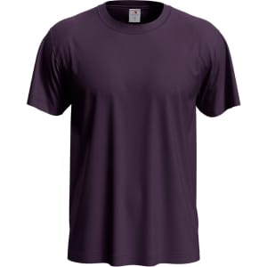 A purple men's classic t-shirt featuring short sleeves and a round neck, with a logo on the label.