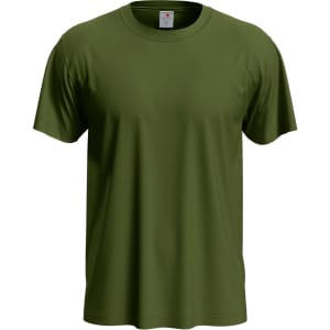 A green men's classic T-shirt featuring a round neckline and short sleeves, with a logo on the tag.