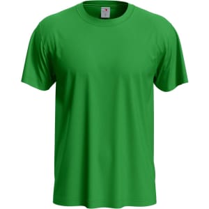 A green men's classic T-shirt featuring a round neck and short sleeves, with a branding label at the collar.