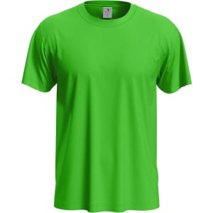 A bright green men's classic T-shirt, featuring a simple design and a logo on the label.