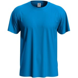 A blue classic men's T-shirt with a round neck and short sleeves, featuring a logo.