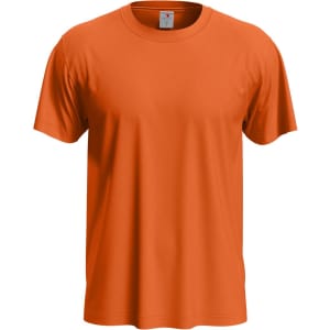 An orange men's classic T-shirt with a round neck and short sleeves. It features a small logo on the label.