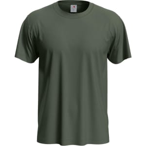 A men's classic T-shirt in olive green, featuring short sleeves and a round neckline, with a logo on the tag.