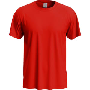 A red men's classic T-shirt featuring a crew neck and short sleeves, with a logo on the label.