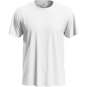 A white classic T-shirt with a round neck and short sleeves, featuring a logo on the tag inside.