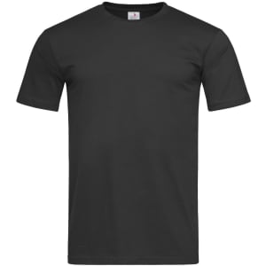 A black fitted t-shirt with short sleeves, featuring a logo on the label. Perfect for casual wear.