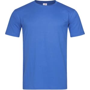 A blue fitted t-shirt with short sleeves and a round neckline. It features a logo on the label.