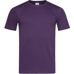 A purple fitted T-shirt featuring short sleeves and a logo on the label.