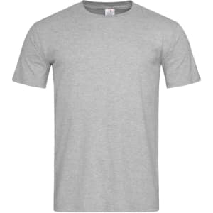 A grey fitted t-shirt with short sleeves and a label at the neckline. It has a logo on the front.