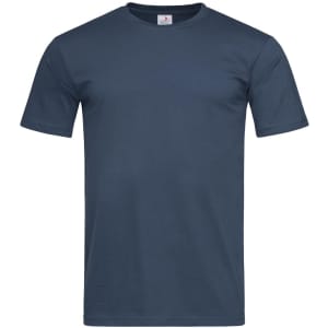 A navy blue fitted T-shirt with short sleeves and a logo on the neckline.
