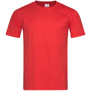 A red fitted t-shirt with short sleeves and a crew neck, featuring a logo on the label.