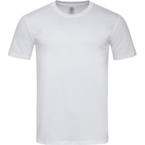 A white fitted T-shirt with short sleeves, featuring a logo on the label. Perfect for casual wear.