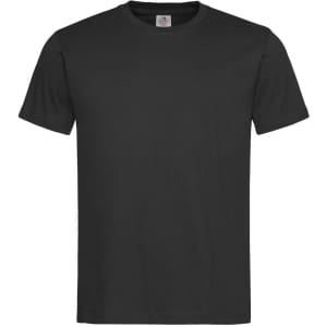 A black men's classic T-shirt with short sleeves and a round neckline, featuring a logo at the neck.