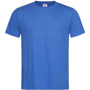 A classic blue organic t-shirt featuring a simple design and a logo on the neckline. Ideal for casual wear.
