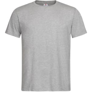 A grey men's classic organic T-shirt with a crew neckline and short sleeves. It features a logo on the label.