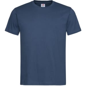 A blue Men's Classic-T Organic T-shirt with a crew neckline and short sleeves. The shirt features a logo label.