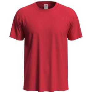 A red organic T-shirt with short sleeves and a round neckline, featuring a small logo.