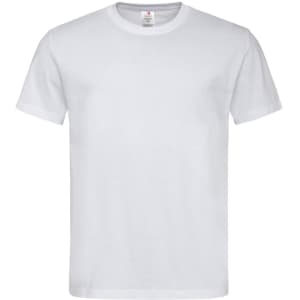 A plain white short-sleeve t-shirt with a round neckline and a brand logo on the tag.