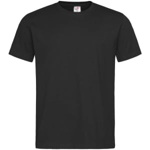 A black heavyweight crew neck t-shirt with short sleeves and a tag inside. It features a logo on the label.