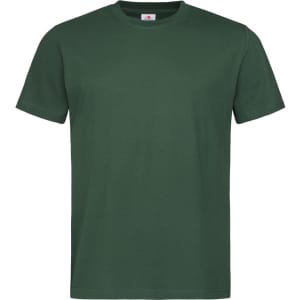 A green heavyweight crew neck t-shirt featuring a simple design and a logo on the label.