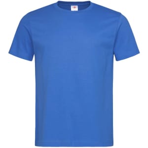 A blue heavyweight crew neck t-shirt featuring a logo tag. The shirt has short sleeves and a classic fit.