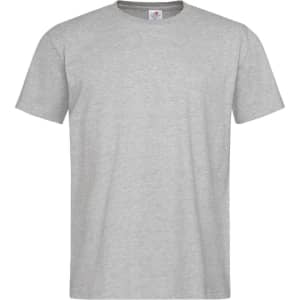 A grey heavyweight crew neck t-shirt with short sleeves and a logo on the label.