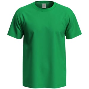 A vibrant green heavyweight crew neck t-shirt with short sleeves and a logo on the label.