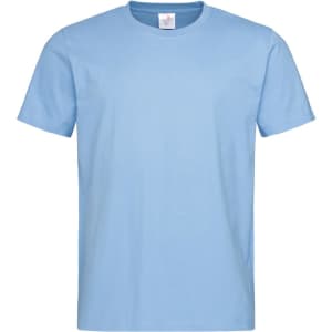 A light blue men's heavyweight comfort T-shirt with a crew neck, featuring a logo on the label.