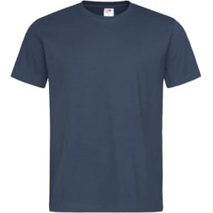 A navy blue heavyweight crew neck T-shirt with short sleeves and a tag inside. It features a logo on the label.