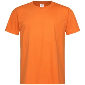 An orange heavyweight crew neck T-shirt with short sleeves and a label inside the collar.