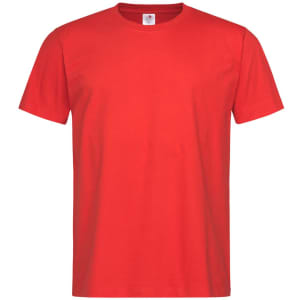 A red heavyweight crew neck t-shirt with short sleeves and a tag inside the collar. It features a logo.